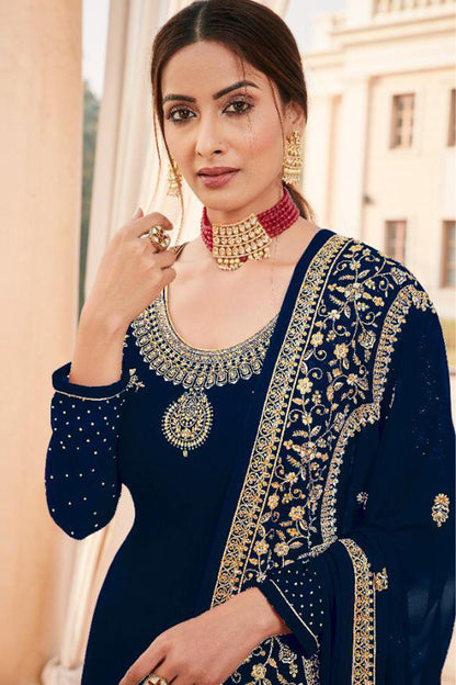Navy Blue Georgette Embroidered Salwar Kameez - Ready to Wear Indian Ethnic Dress