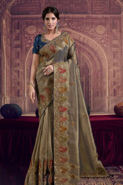 Grey Gadwal Silk Saree With Embroidered Blouse - Pakistani Wedding Saree For Women - Seyuri Ethnic Wear