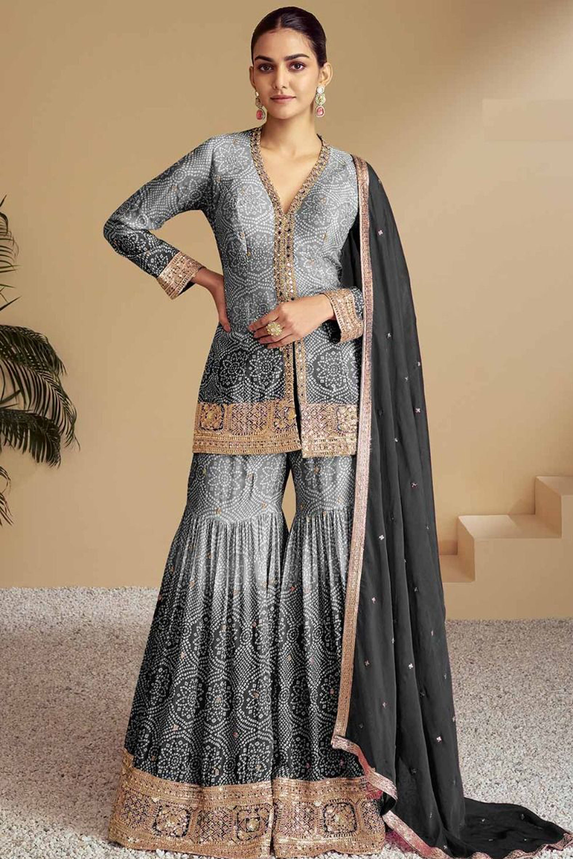 Gray Embroidered Chiffon Sharara suit With Net Dupatta By Seyuri - Pakistani Wedding Outfit USA.