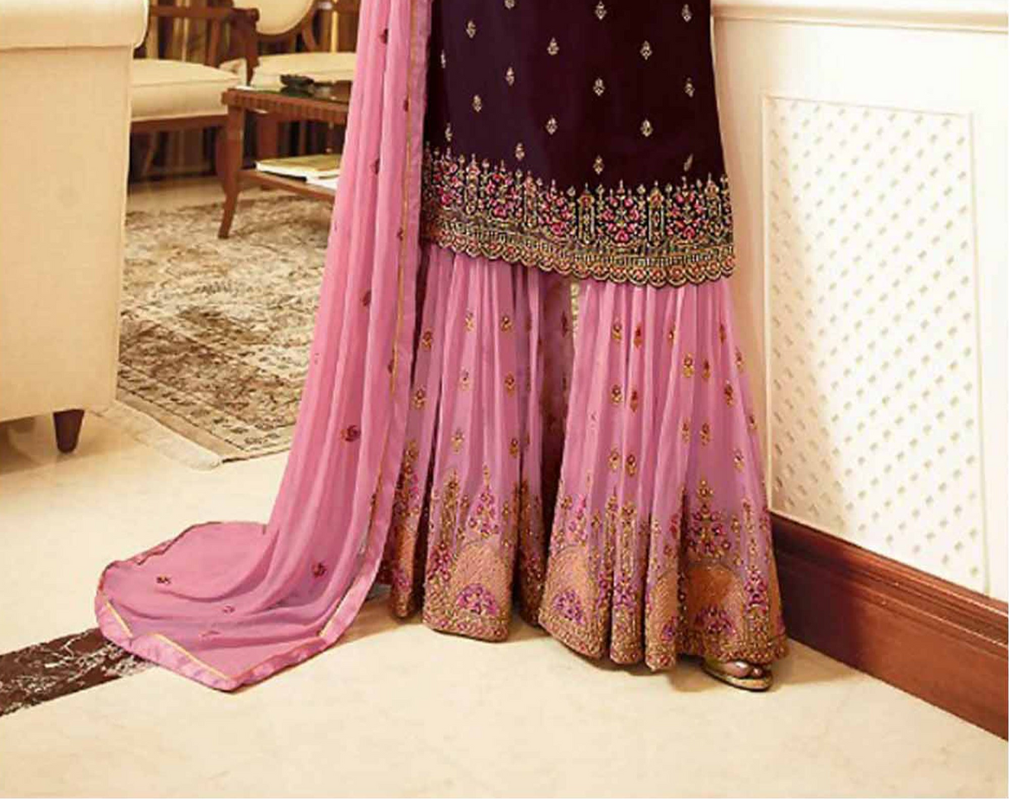 Designer Wine Sharara - Traditional South Asian Bridal Party Wear USA
