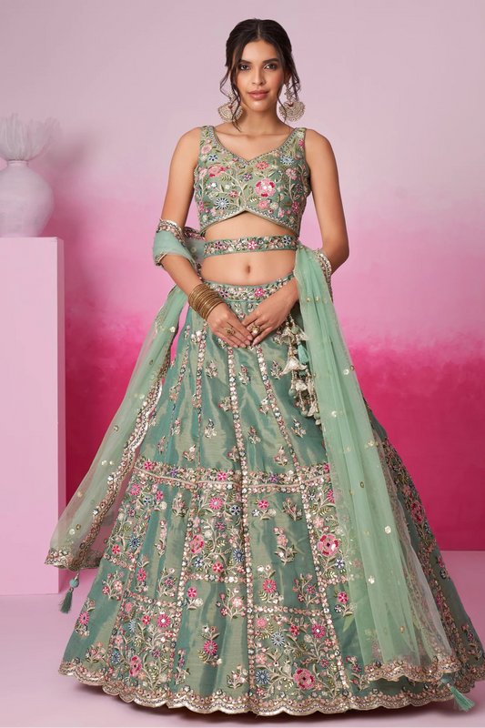 "Stylish lehengas for U.S.-based Indian functions."
