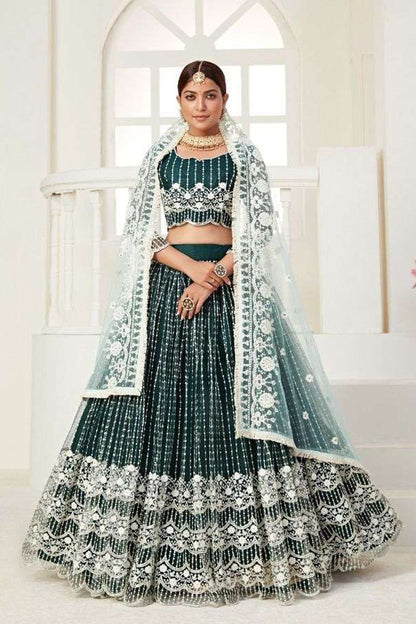 Designer Green Lehenga Choli Front View With Intricate Embroidery Work And Art Silk Blouse