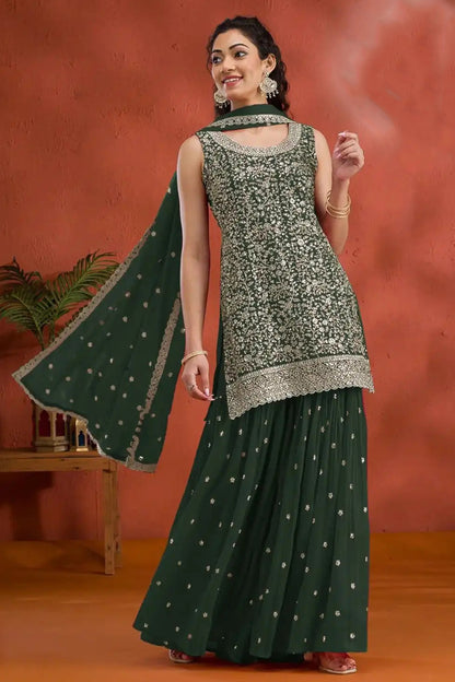Green Embroidered Georgette Palazzo Salwar Kameez For Nikah Ceremony - Seyuri Ethnic Wear
