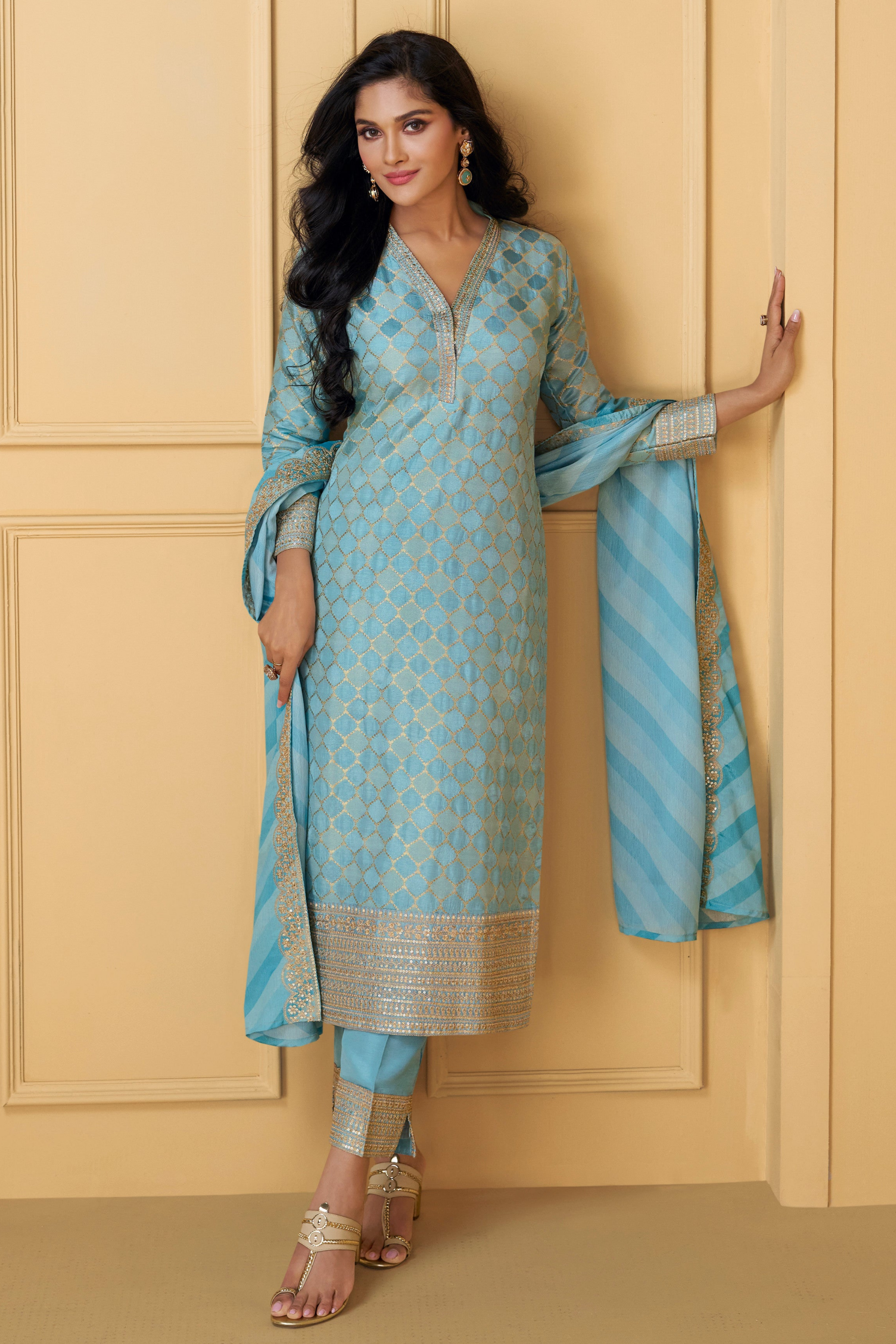 Sky Blue Off Shoulder Salwar Kameez Front View- Embroidered Pakistani Suit 