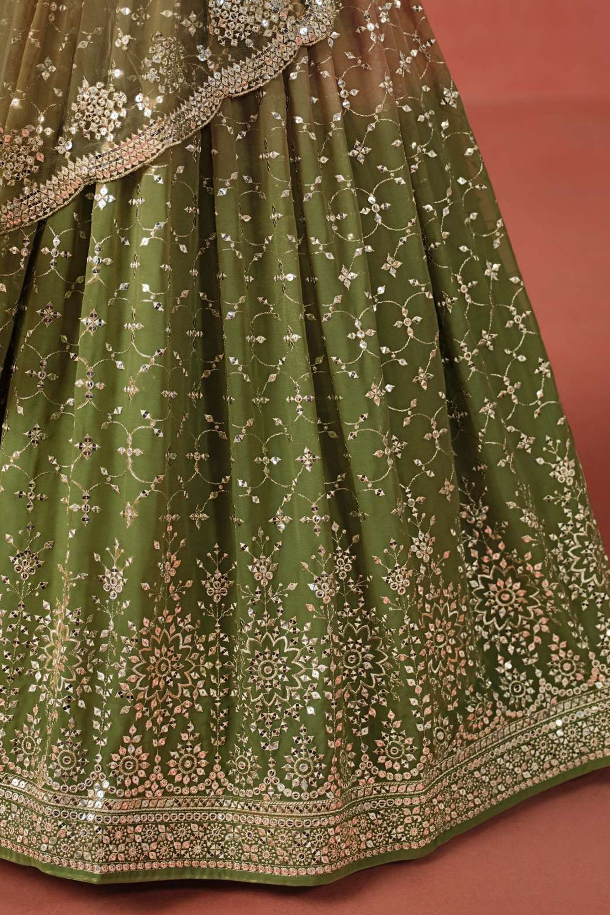 Luxury Ethnic Designer Lehenga Choli in Olive Green Georgette Fabric For Bridal Wear