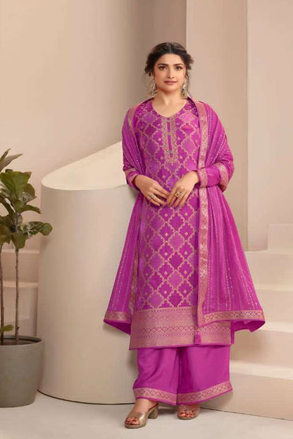 Purple Embroidered Salwar Kameez with Golden Zari Work - Front View - Wedding Reception Outfit