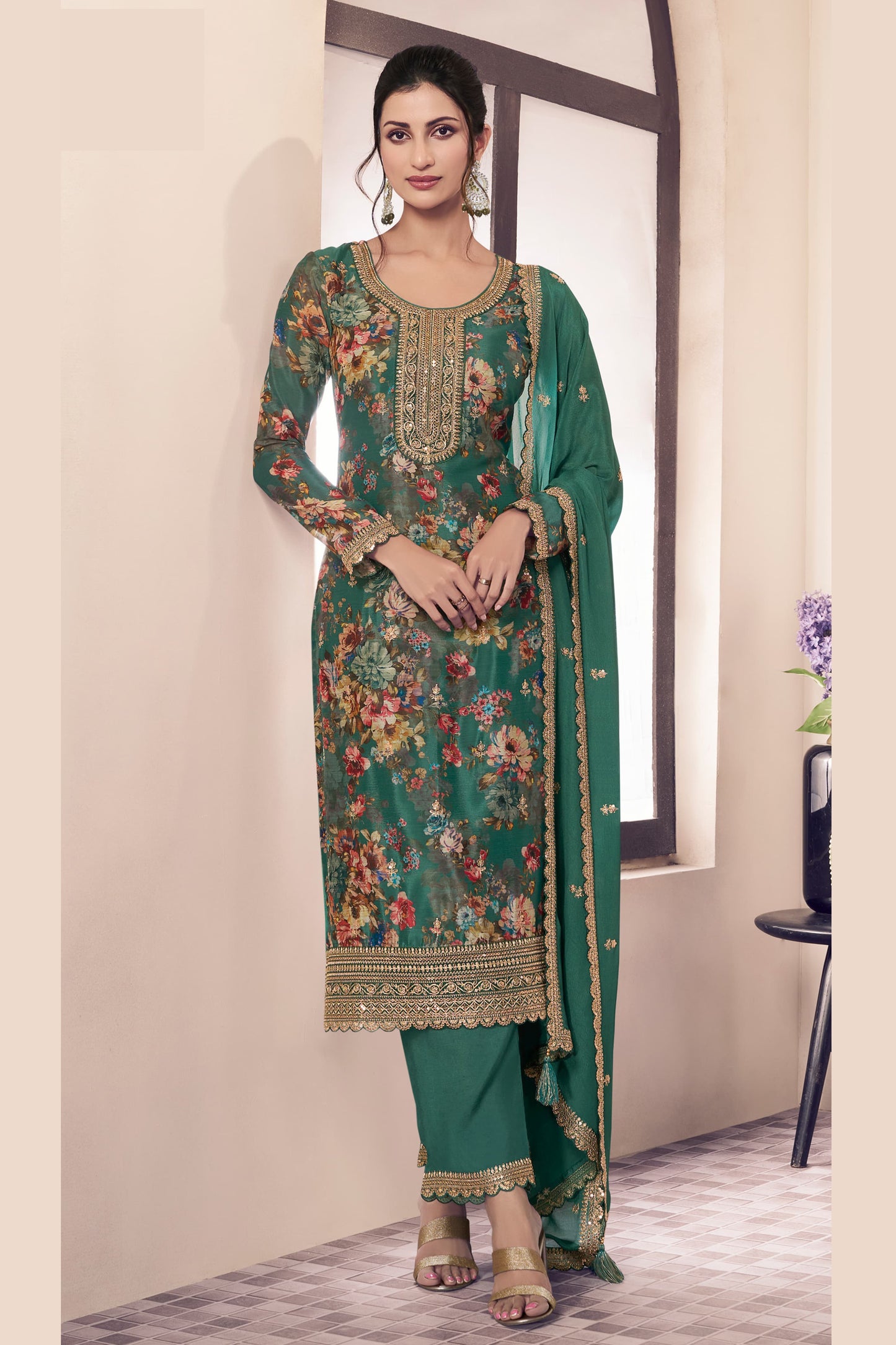 Green Embroidered Salwar Kameez with Chinon Fabric and Thread Work - Ready to Wear Pakistani Suit for Weddings and Evening Events in USA