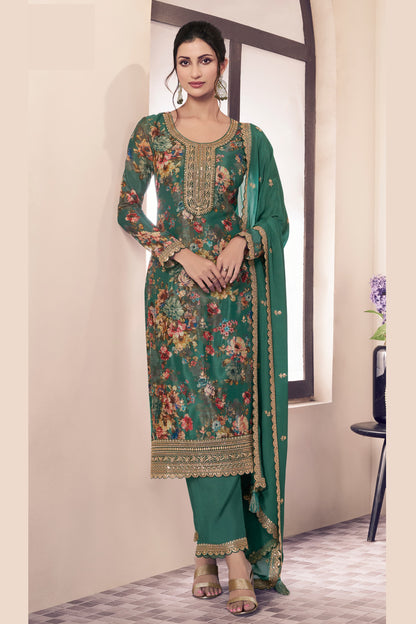 Green Embroidered Salwar Kameez with Chinon Fabric and Thread Work - Ready to Wear Pakistani Suit for Weddings and Evening Events in USA