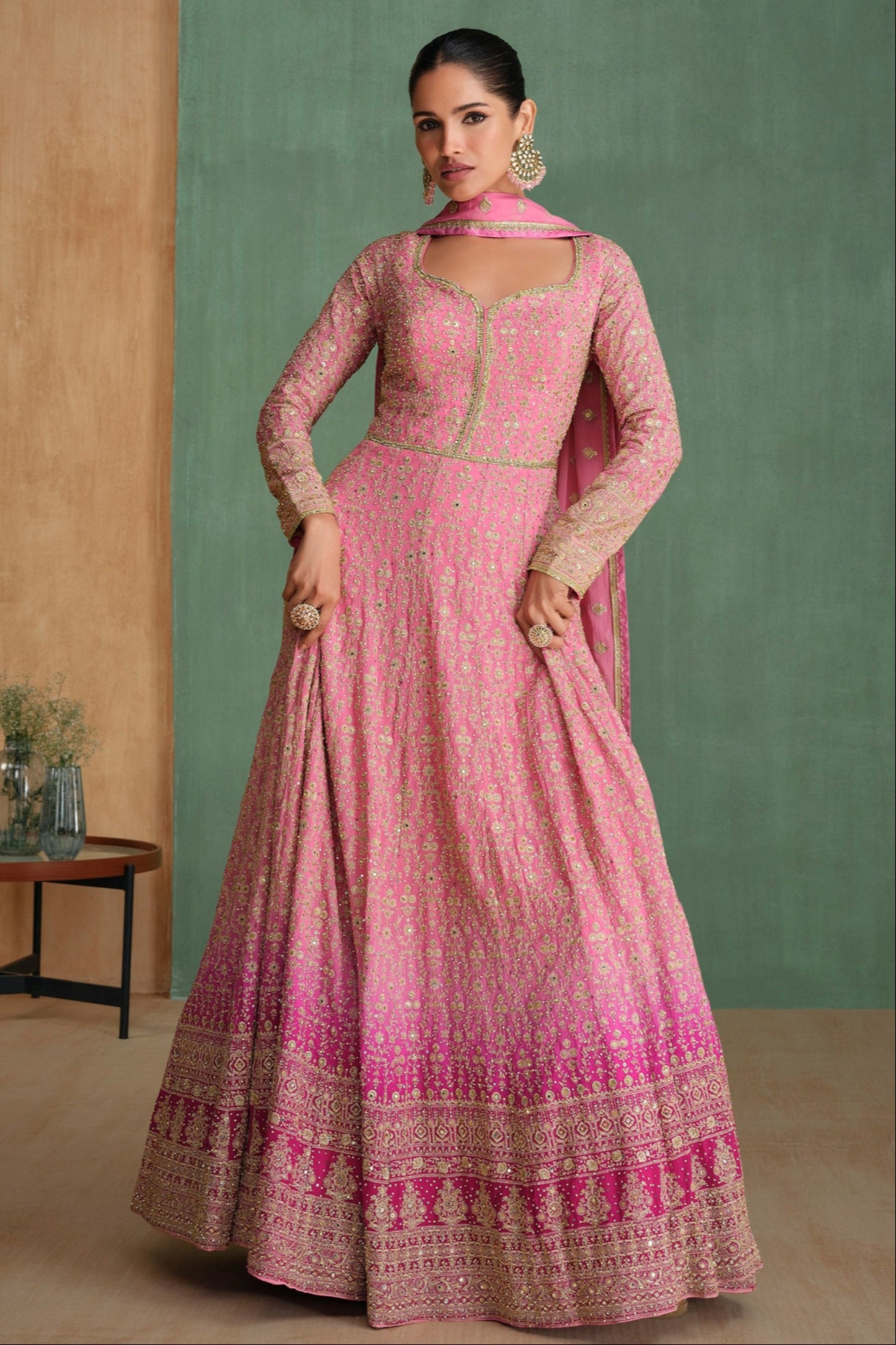 Traditional Indian Pink Gown With Dupatta For Diwali Eid Wedding Celebrations