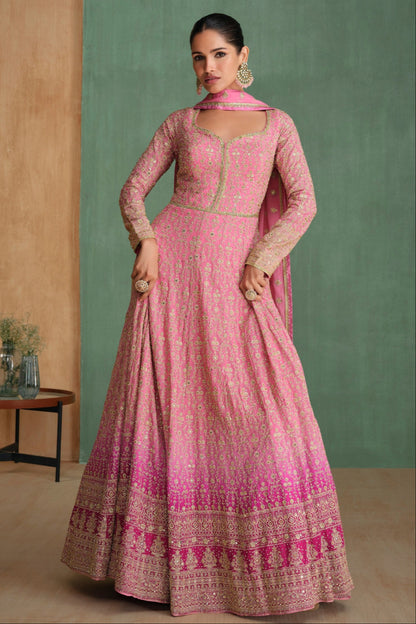 Traditional Indian Pink Gown With Dupatta For Diwali Eid Wedding Celebrations