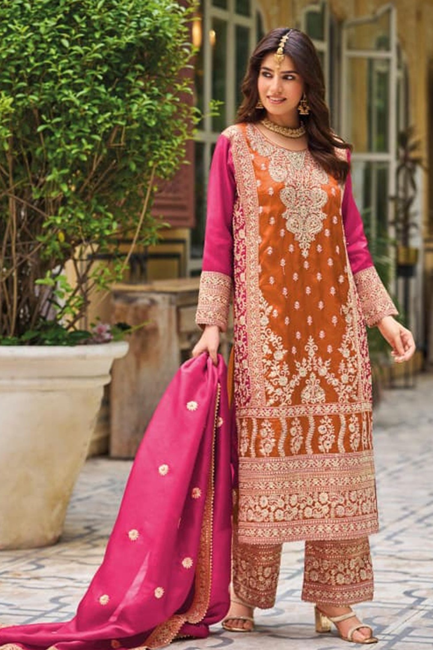 Orange Embroidered Traditional Look  Outfit