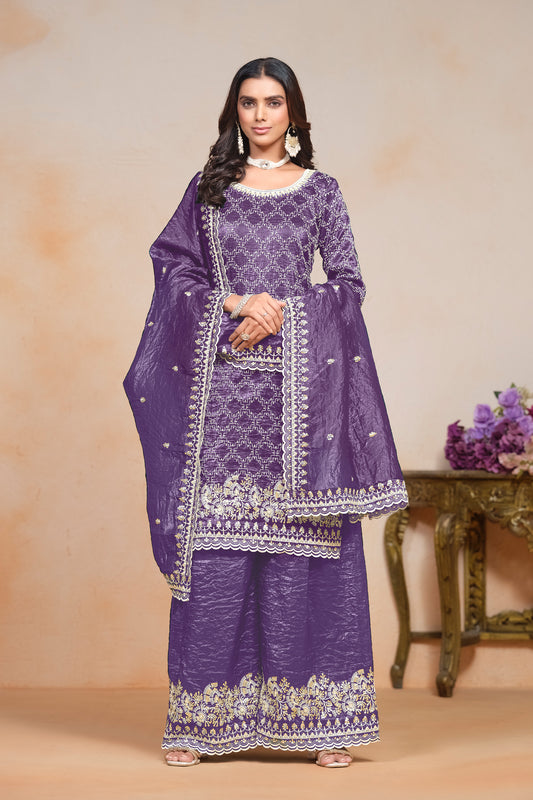 Pakistani Designer Organza Fabric Embroidery Work Salwar Kameez Palazzo Suit