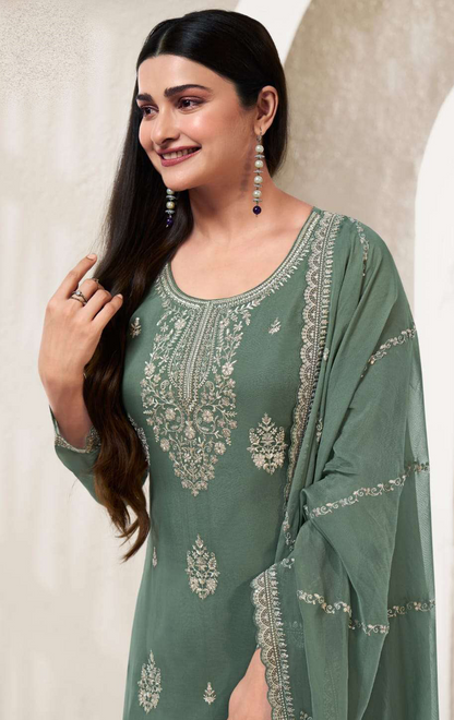 Embroidered Green Organza Pant Suit - Indian Ethnic Wear For Weddings USA
