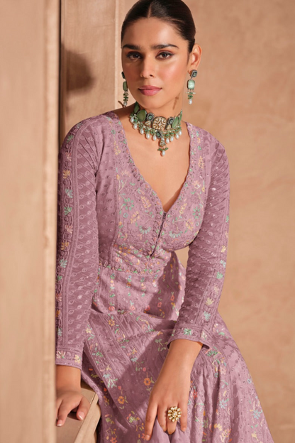 Close-Up of Embroidered Pinkish Beige Anarkali Dress With Chinon Fabric And Intricate Work For Festive Events