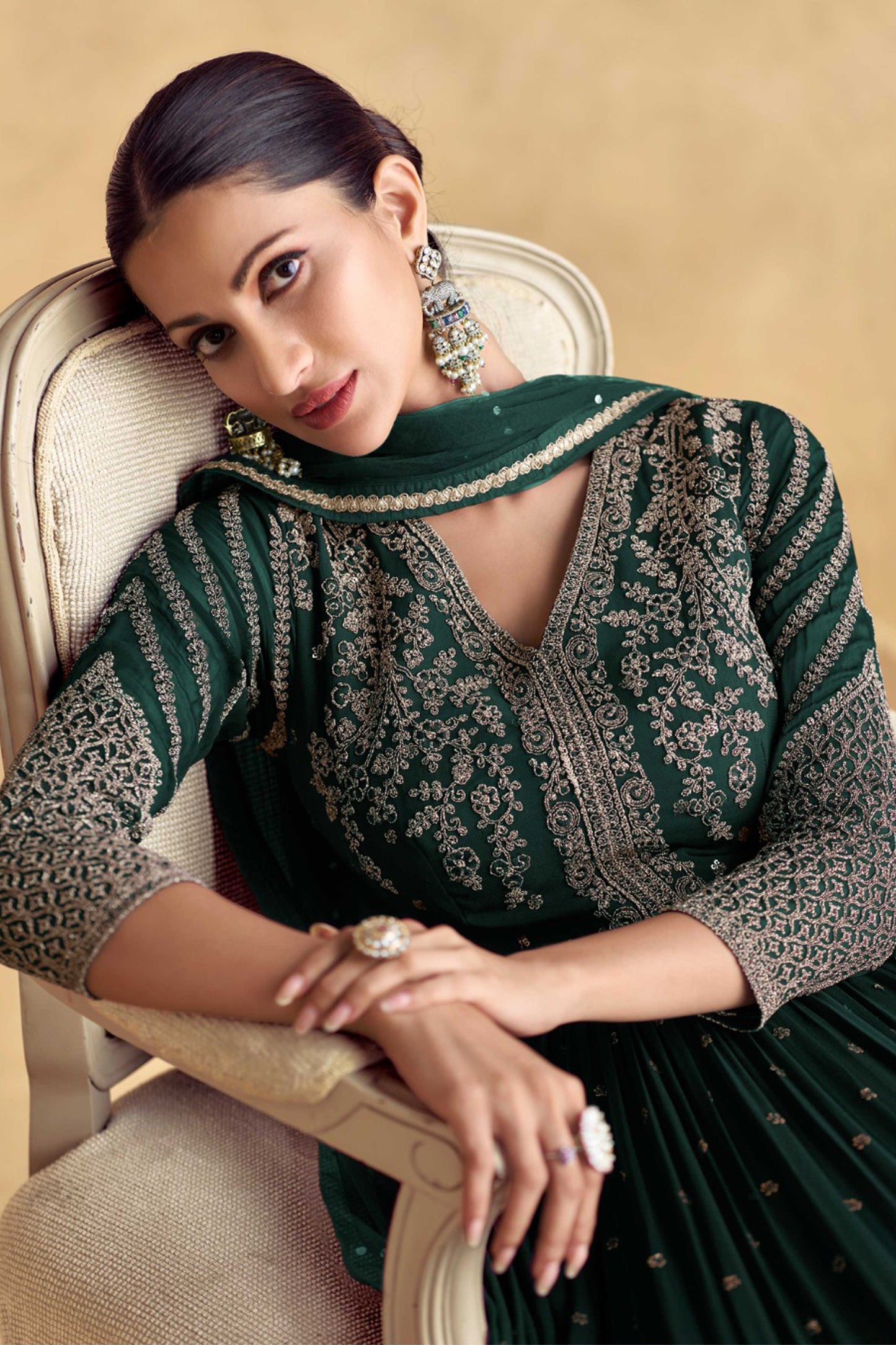 Pakistani Anarkali Gown In Dark Green Georgette Fabric - Reception Dress