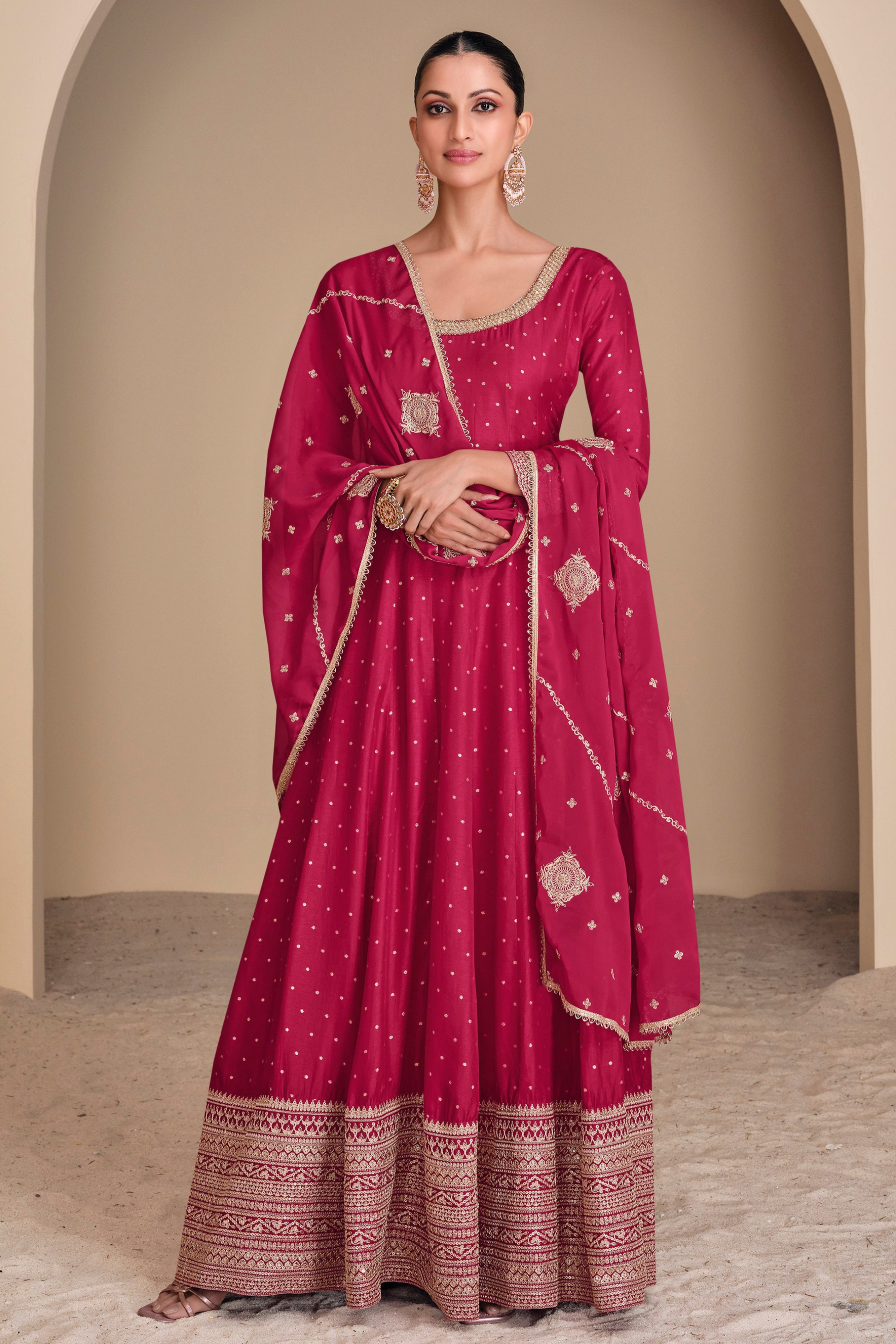 Pink Jacquard Silk Anarkali Gown With Embroidery Work - Front View Traditional Indian Wedding Dress