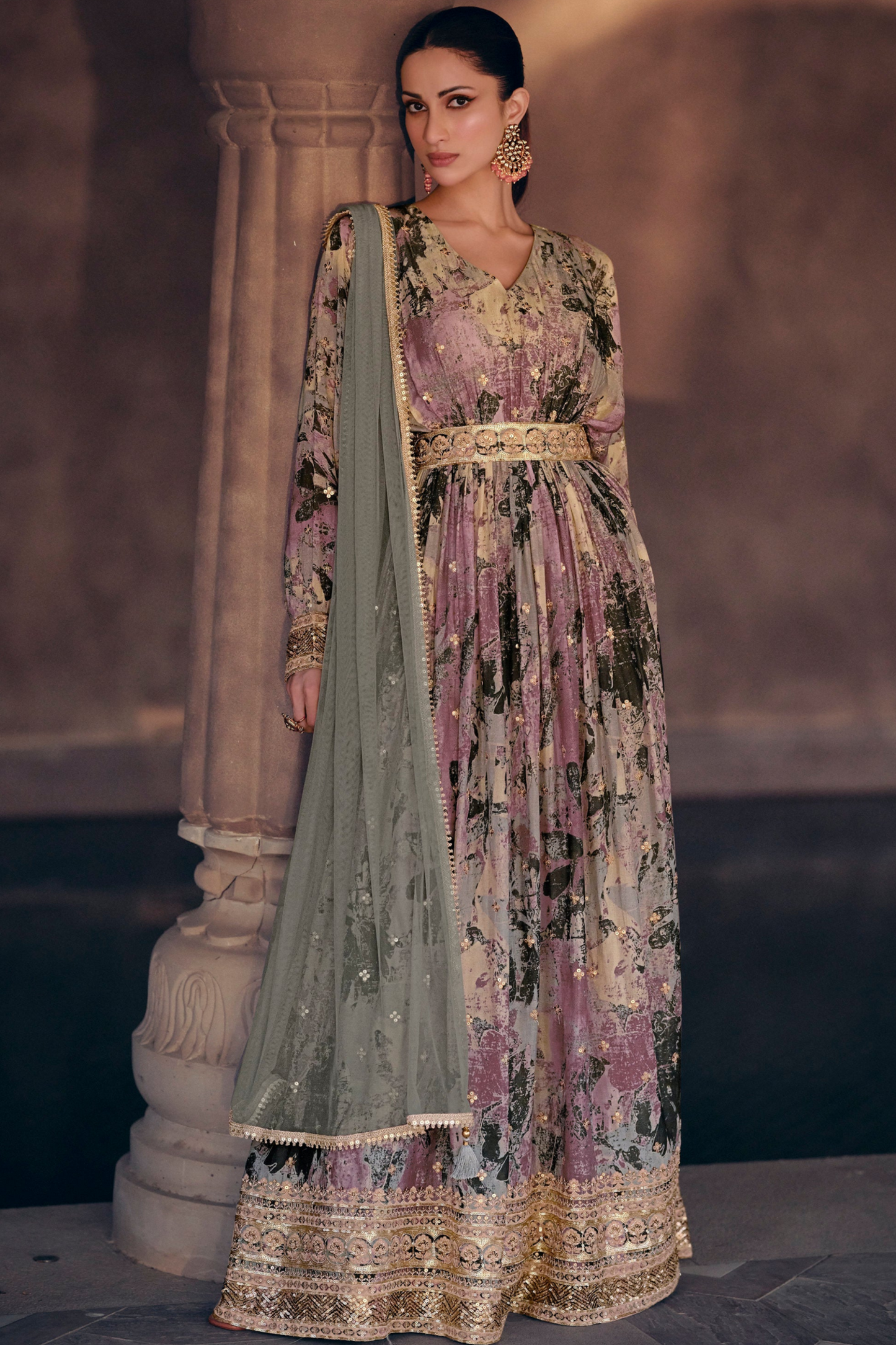 Purple Embroidered Anarkali Dress Floor-Length Wedding Reception Dress USA