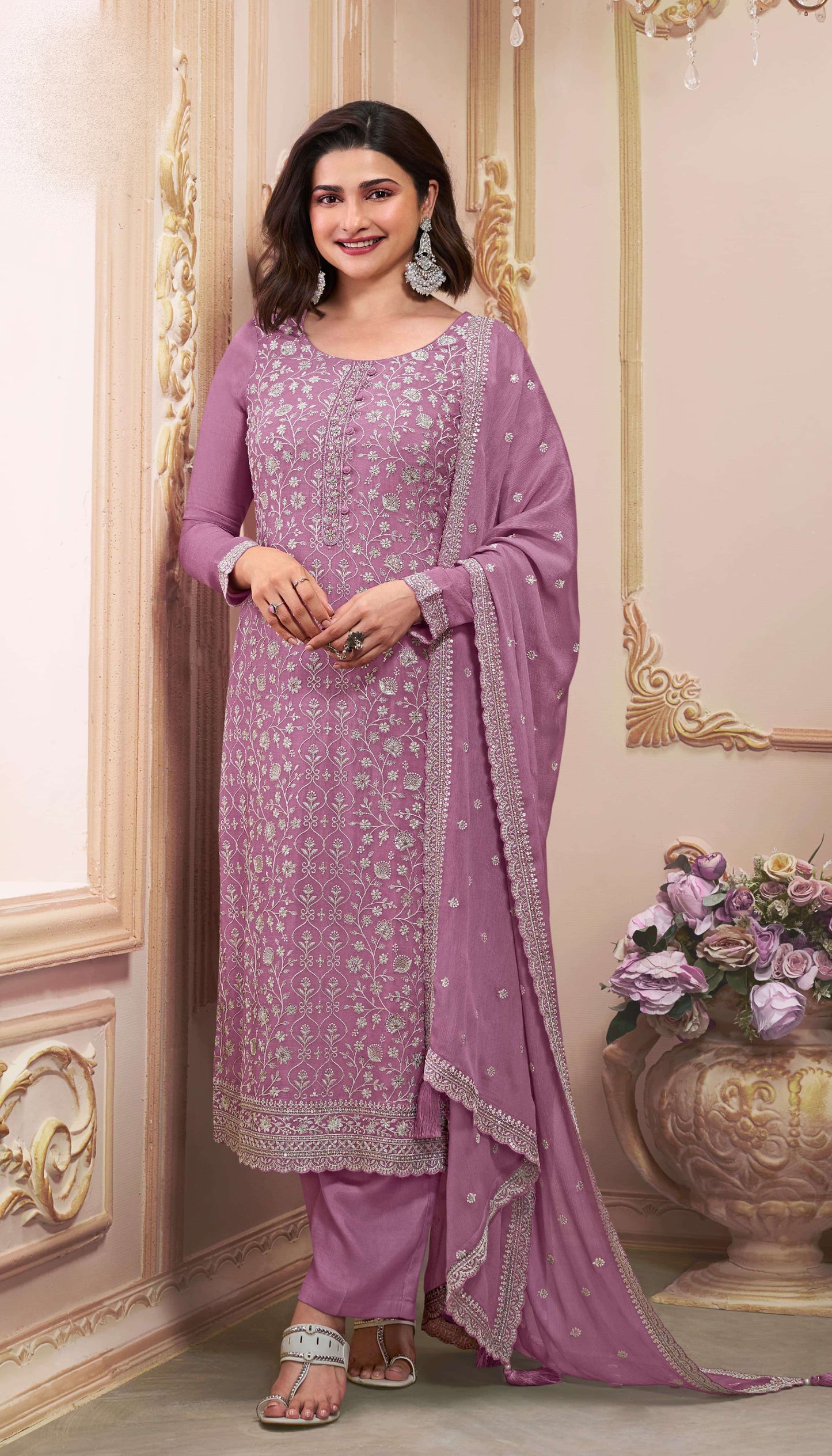 Indian Wedding Dress Lavender Chinon Salwar Suit Wth Intricate Embroidery Work