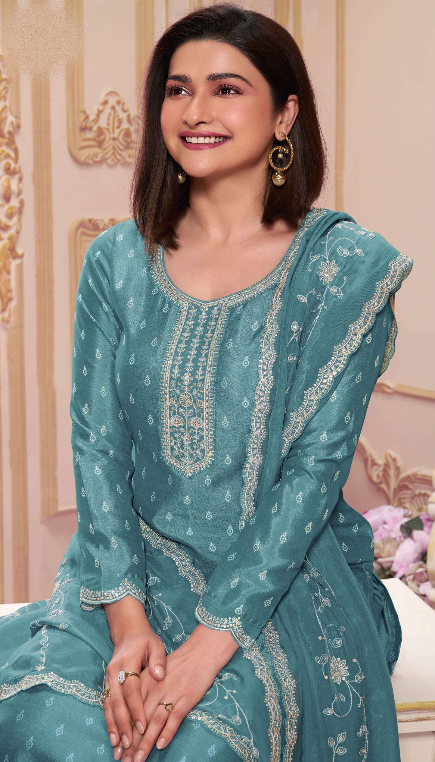 Designer Blue Salwar Kameez With Thread Embroidery Work - Side Detail View