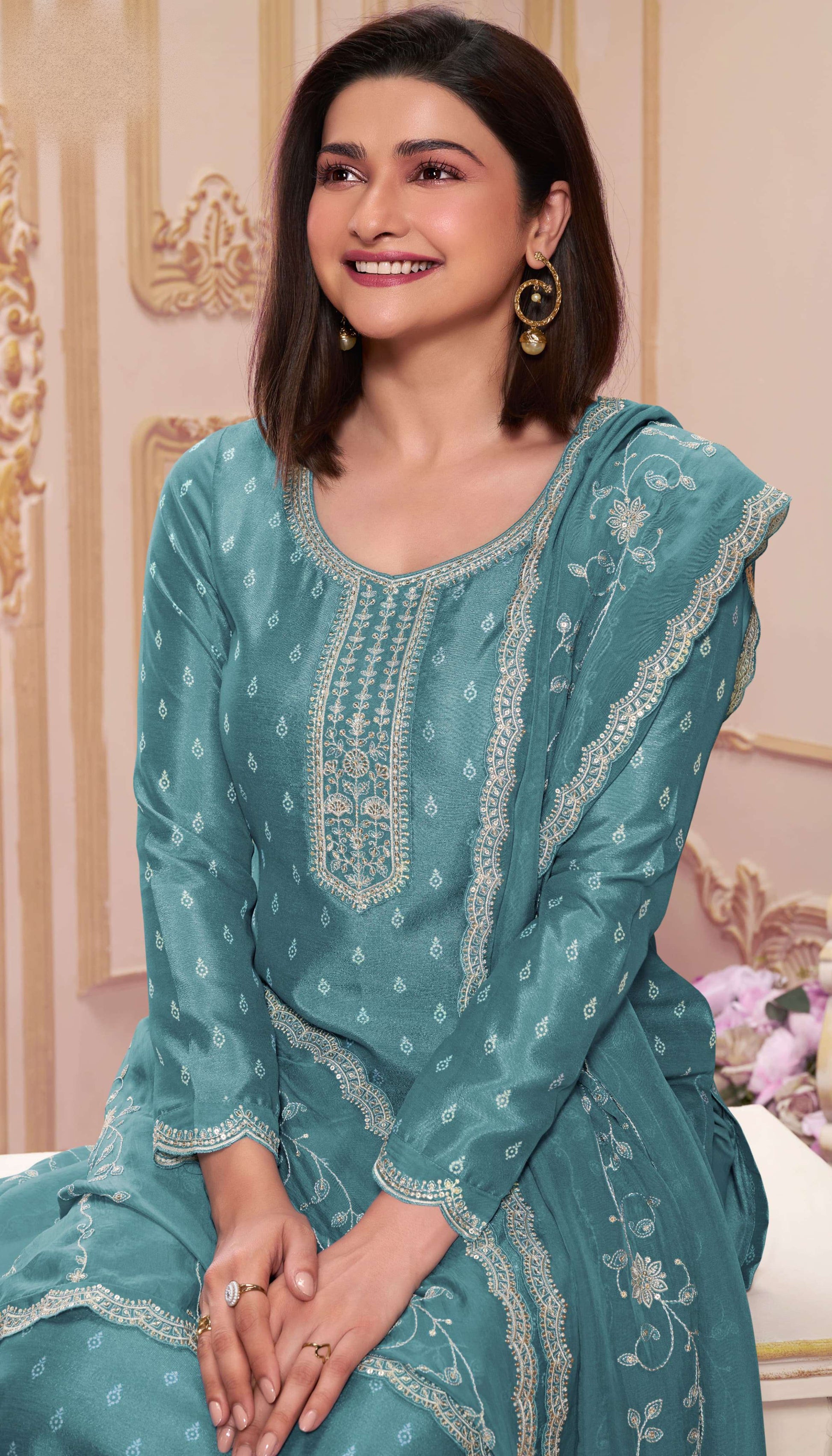 Designer Blue Salwar Kameez With Thread Embroidery Work - Side Detail View