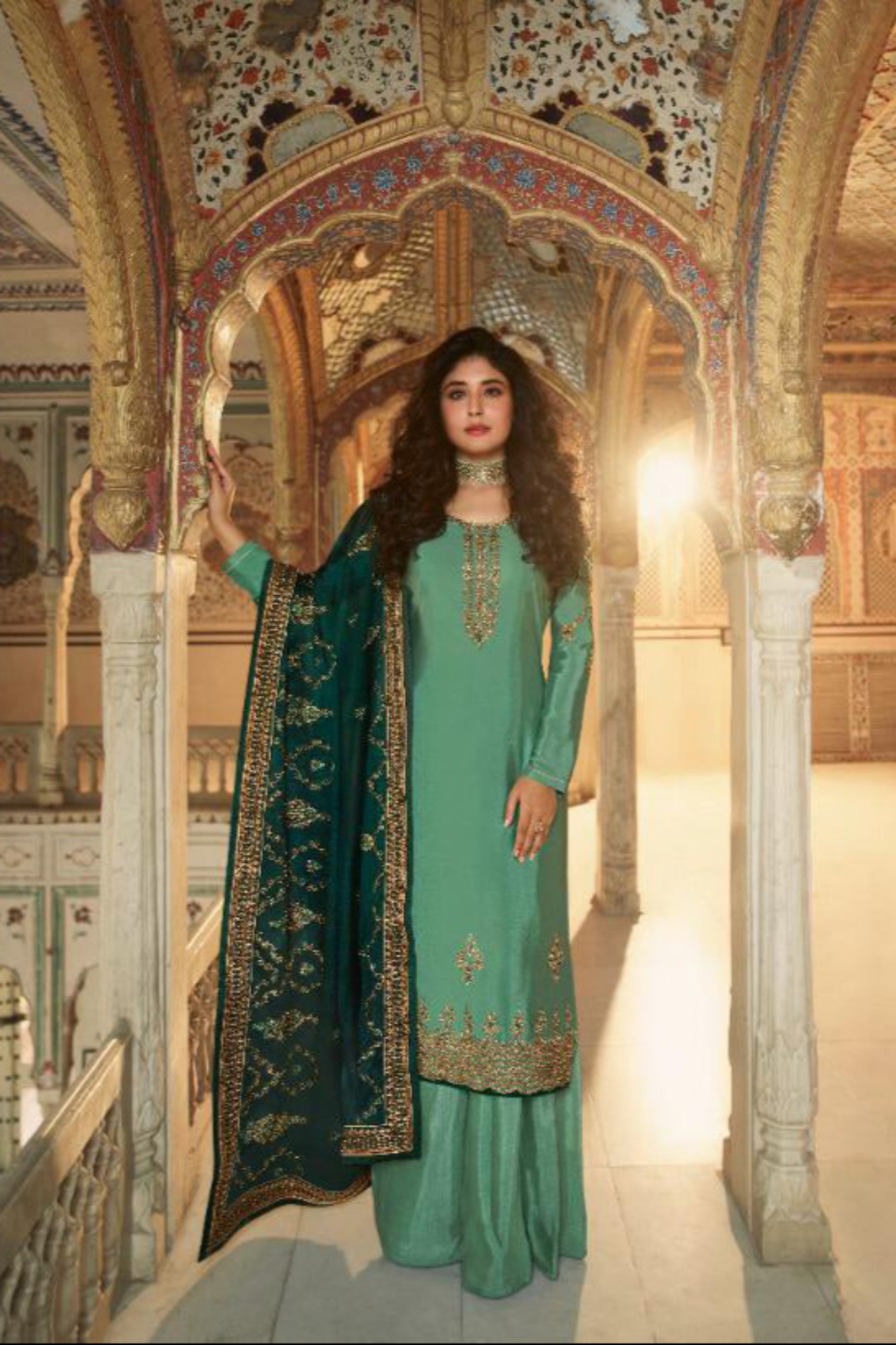 Green Embroidered Palazzo Suit - Designer Indian Wedding Reception Dress