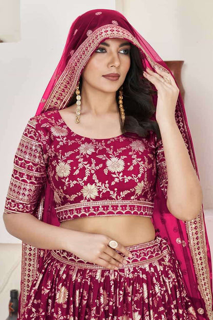Bridal Lehenga Choli With Heavy Zardozi Embroidery Work And Chiffon Dupatta