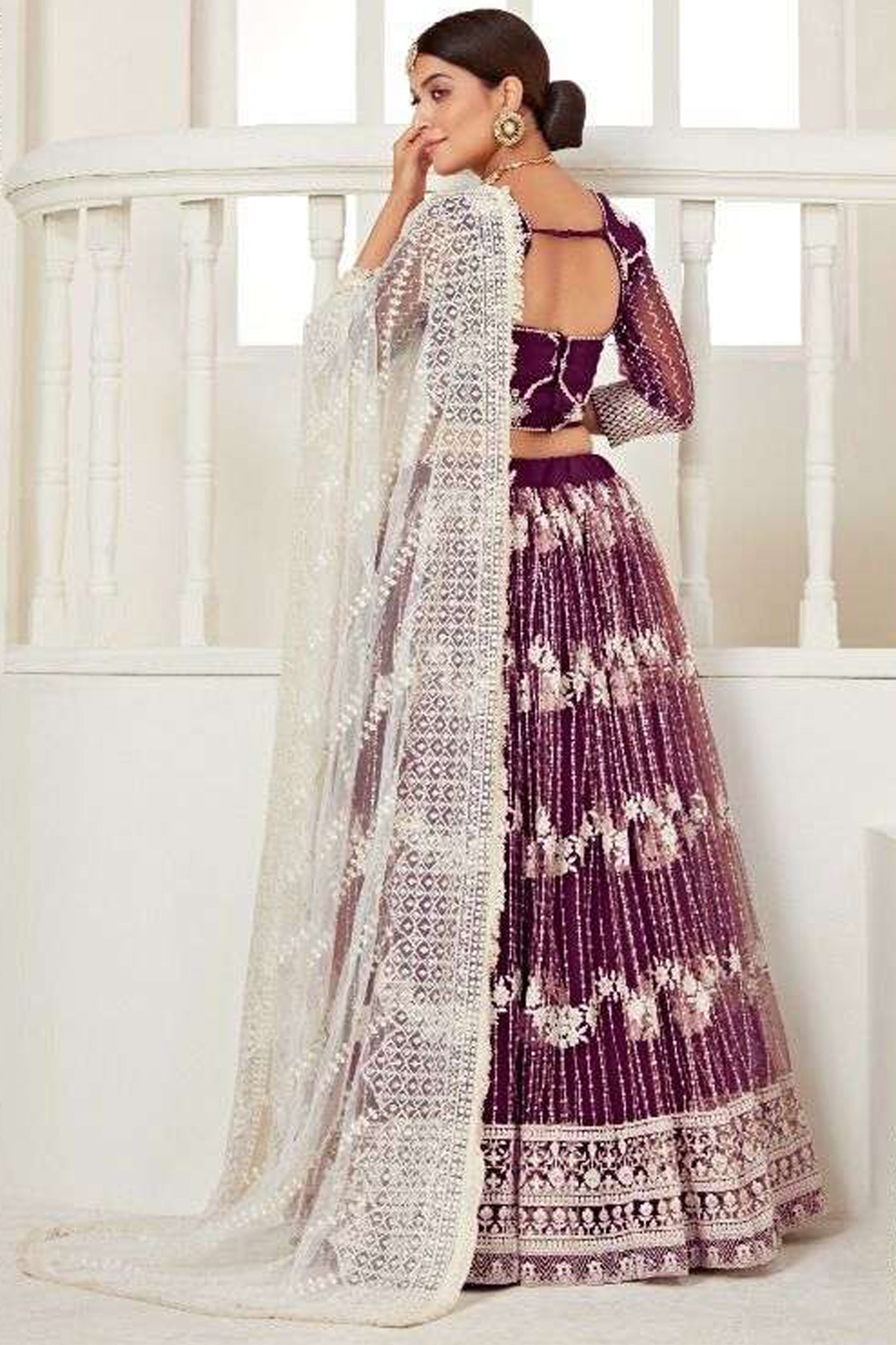 Wine Pakistani Lehenga With Heavy Net Fabric And Art Silk Inner - Bridal Ethnic Wear
