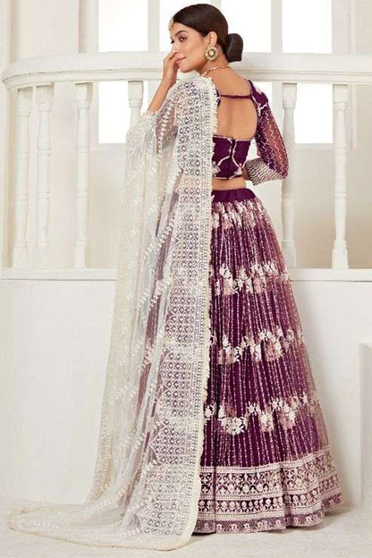 Wine Pakistani Lehenga With Heavy Net Fabric And Art Silk Inner - Bridal Ethnic Wear