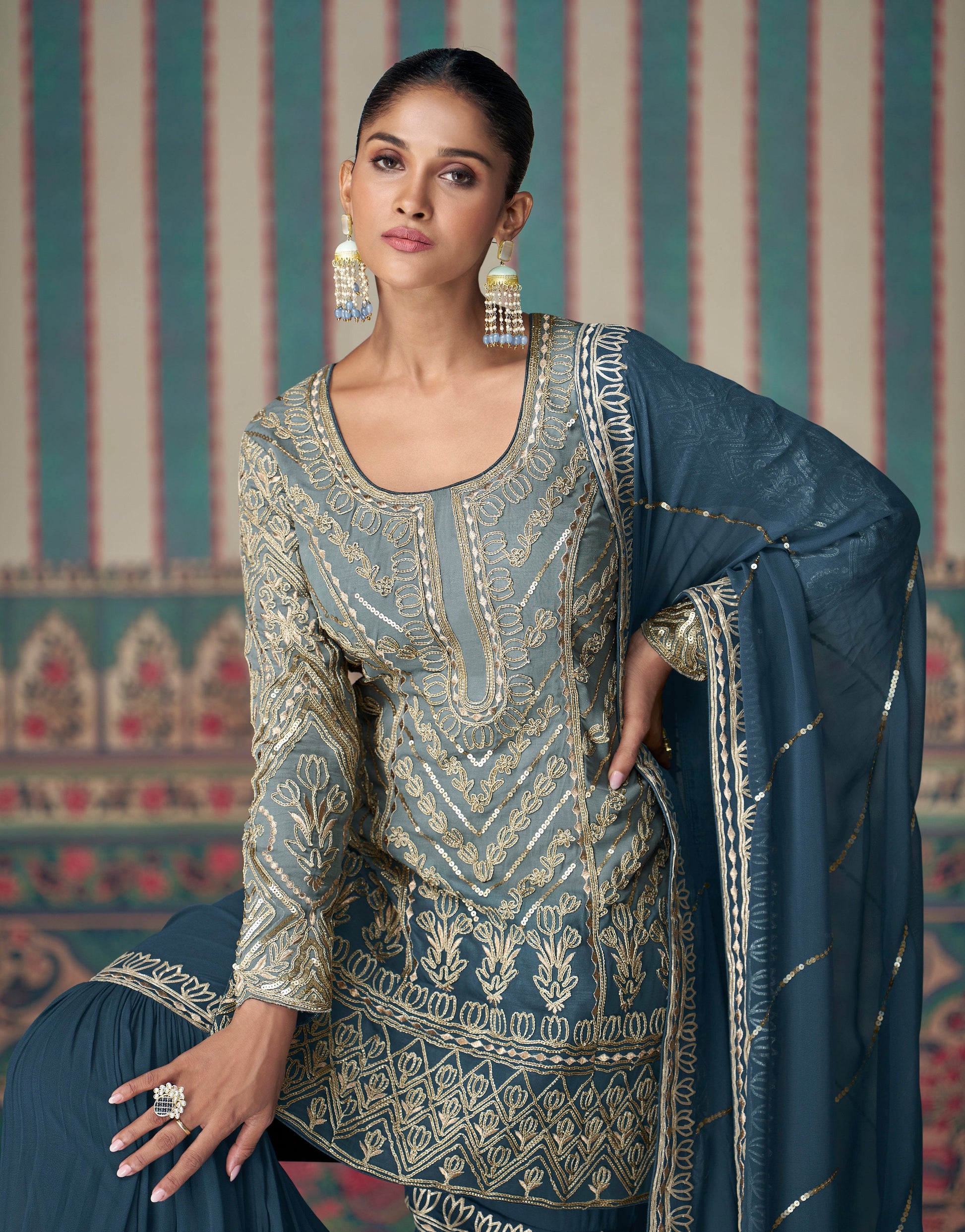 Blue Luxury Sharara Suit Heavy Embroidered Georgette Elegant Indian Wedding Party Outfit Designer Dupatta USA
