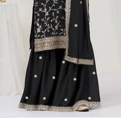 Ready-To-Wear Black palazzo Suit With Multi-Thread Jari Embroidery - Pakistani Outfit USA