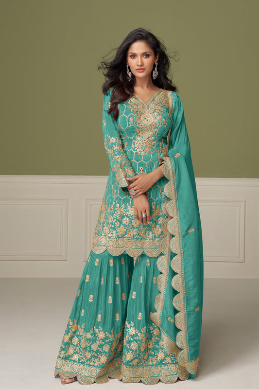 Blue Embroidered Sharara Suit With Dupatta For Pakistani Weddings USA