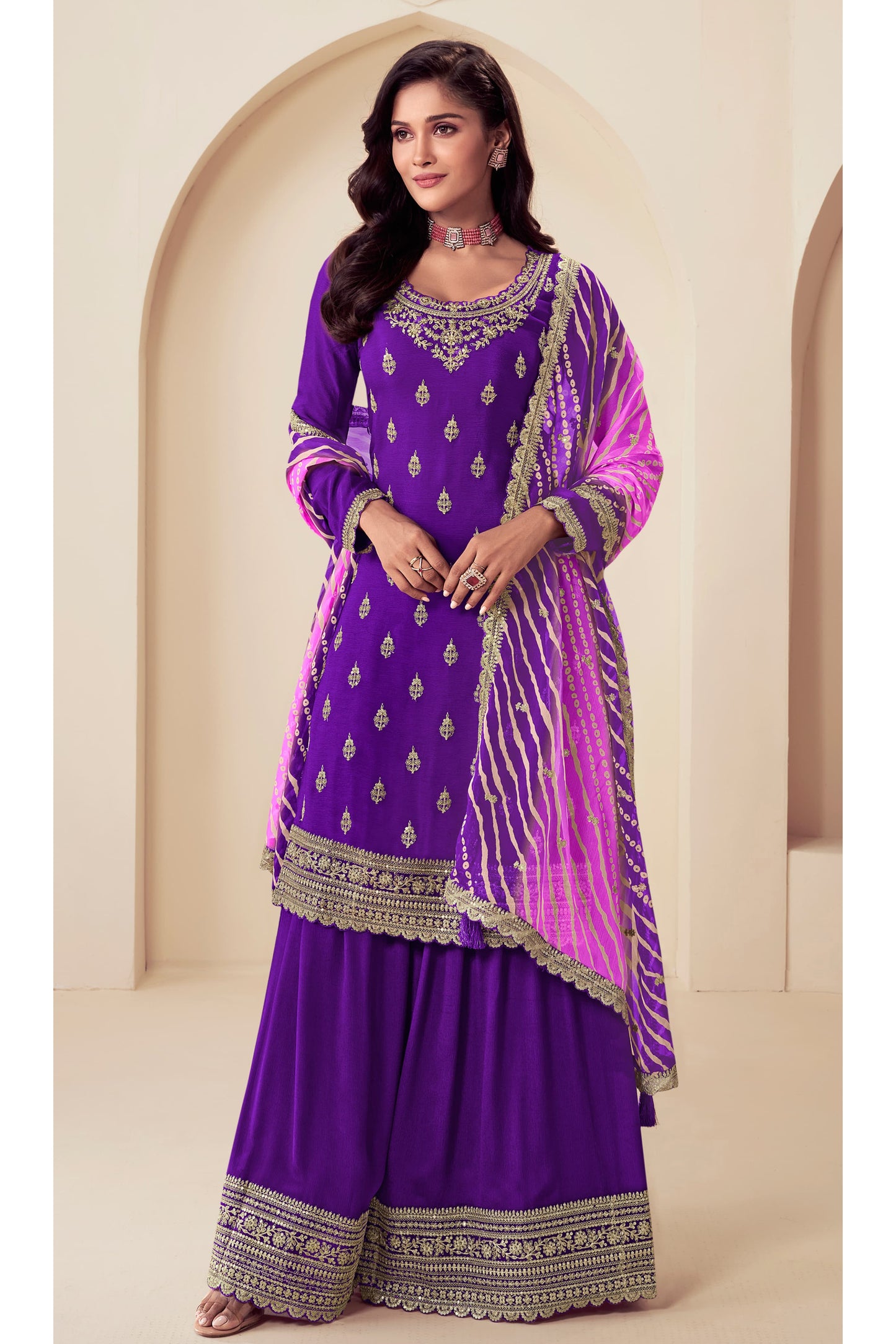 Purple Embroidered Salwar Kameez Palazzo Set with Dupatta for Women USA