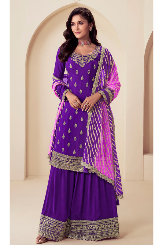 Purple Embroidered Salwar Kameez Palazzo Set with Dupatta for Women USA