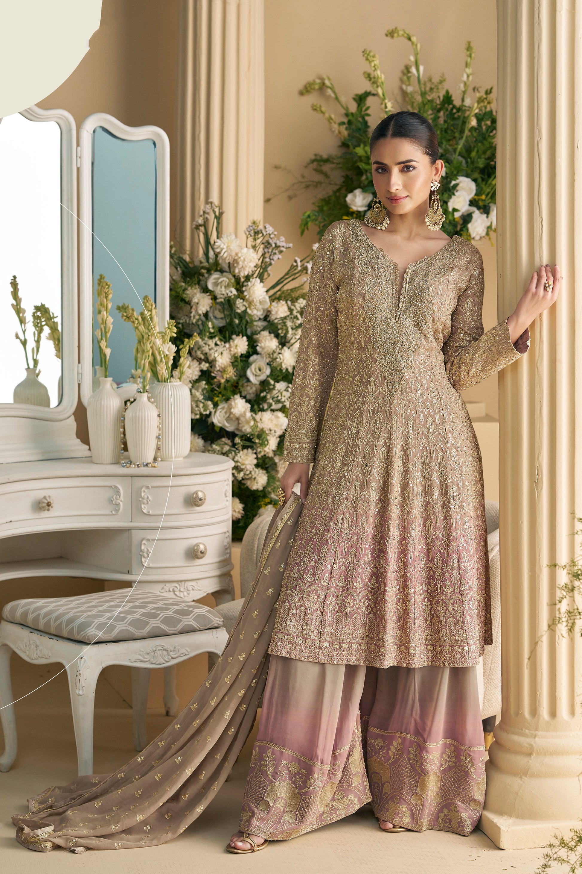 Peach Georgette Sharara Palazzo Suit With Embroidery Work - Indian Ethnic Wear USA