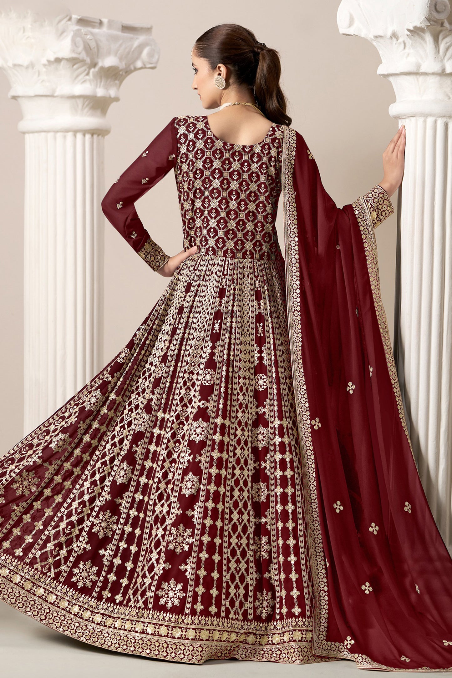 Red Anarkali Dress With Dupatta - Front V Neck Indian Wedding Party Wear Suit