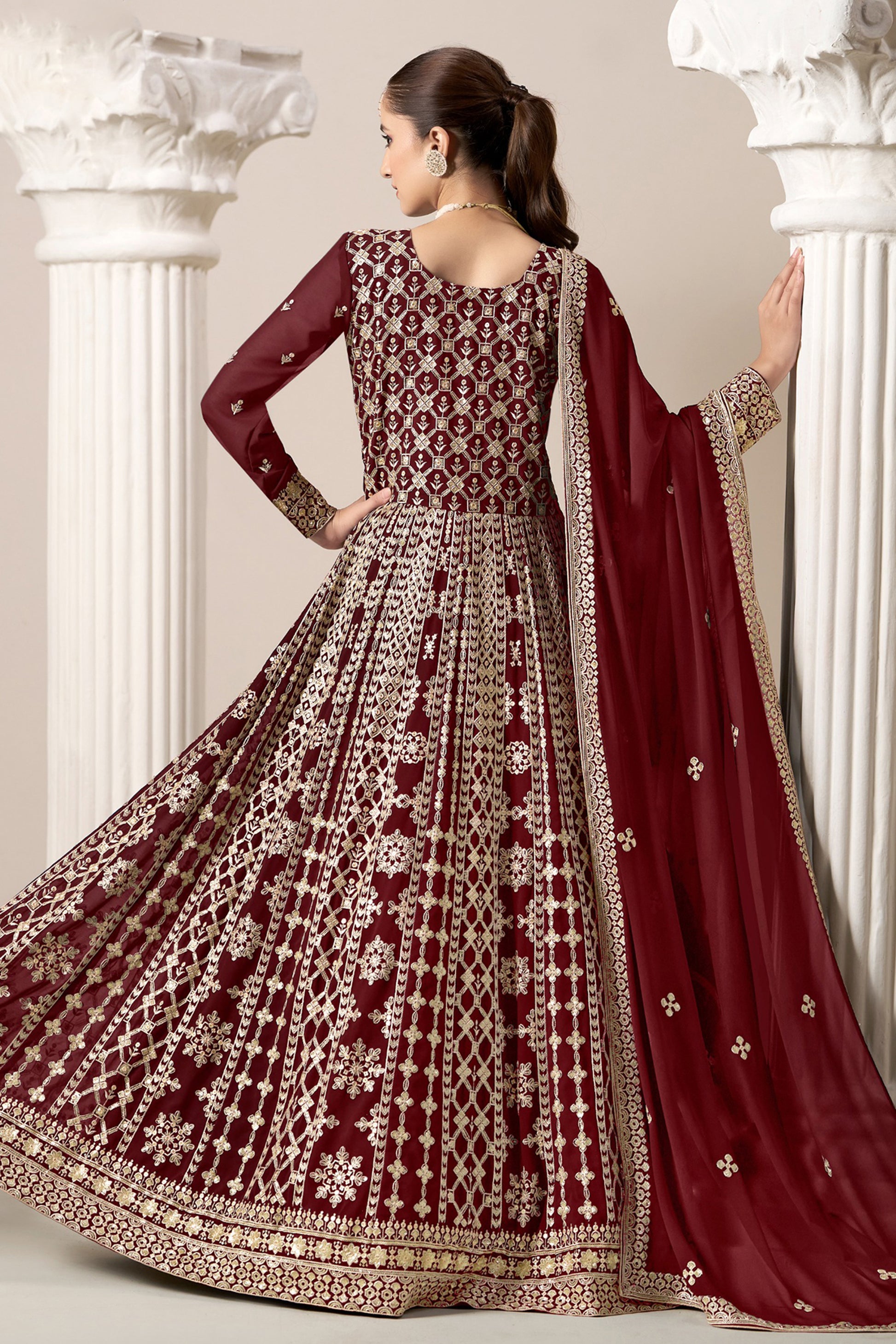 Red Anarkali Dress With Dupatta - Front V Neck Indian Wedding Party Wear Suit