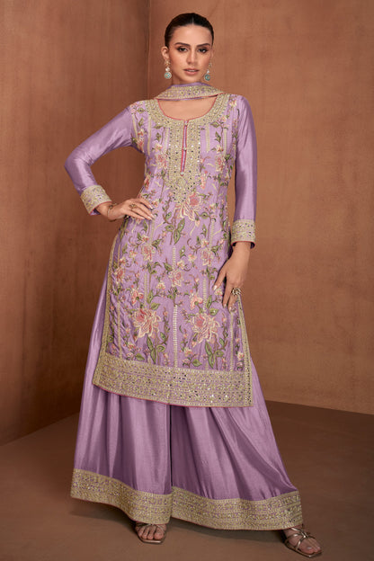 Lavender Embroidered Salwar Kameez Palazzo Set With Dupatta - Front View