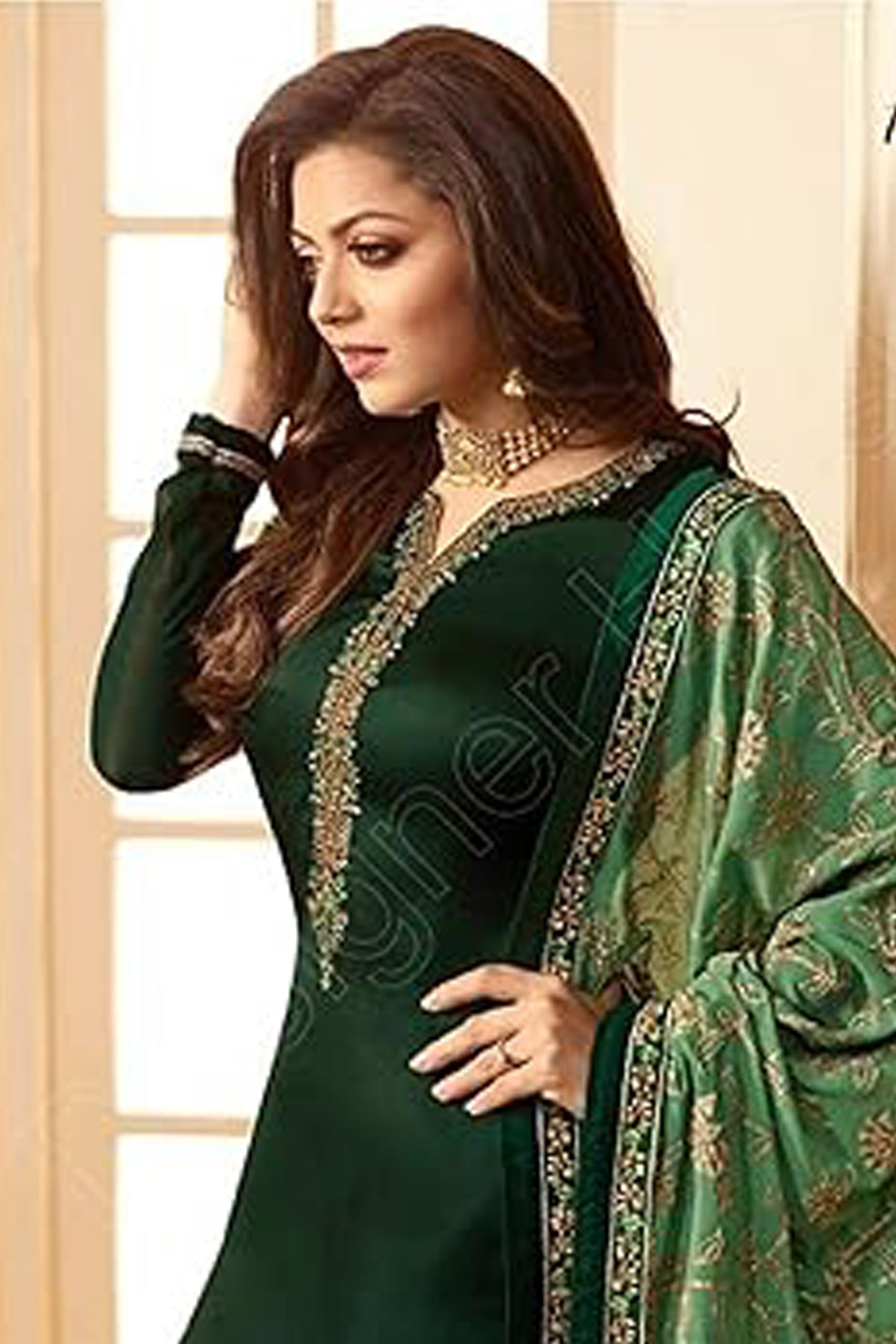 Dark Green Georgette Silk  Embroidered Salwar Kameez With Dupatta 