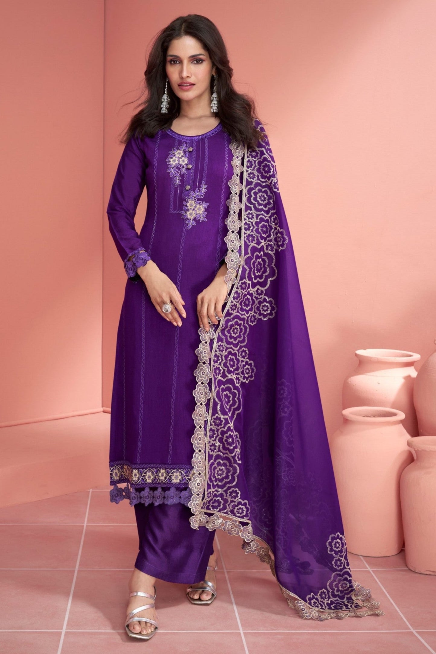 Royal Purple Embroidered Salwar Kameez Full Front View - Premium Pakistani Suit For Weddings and Festivals