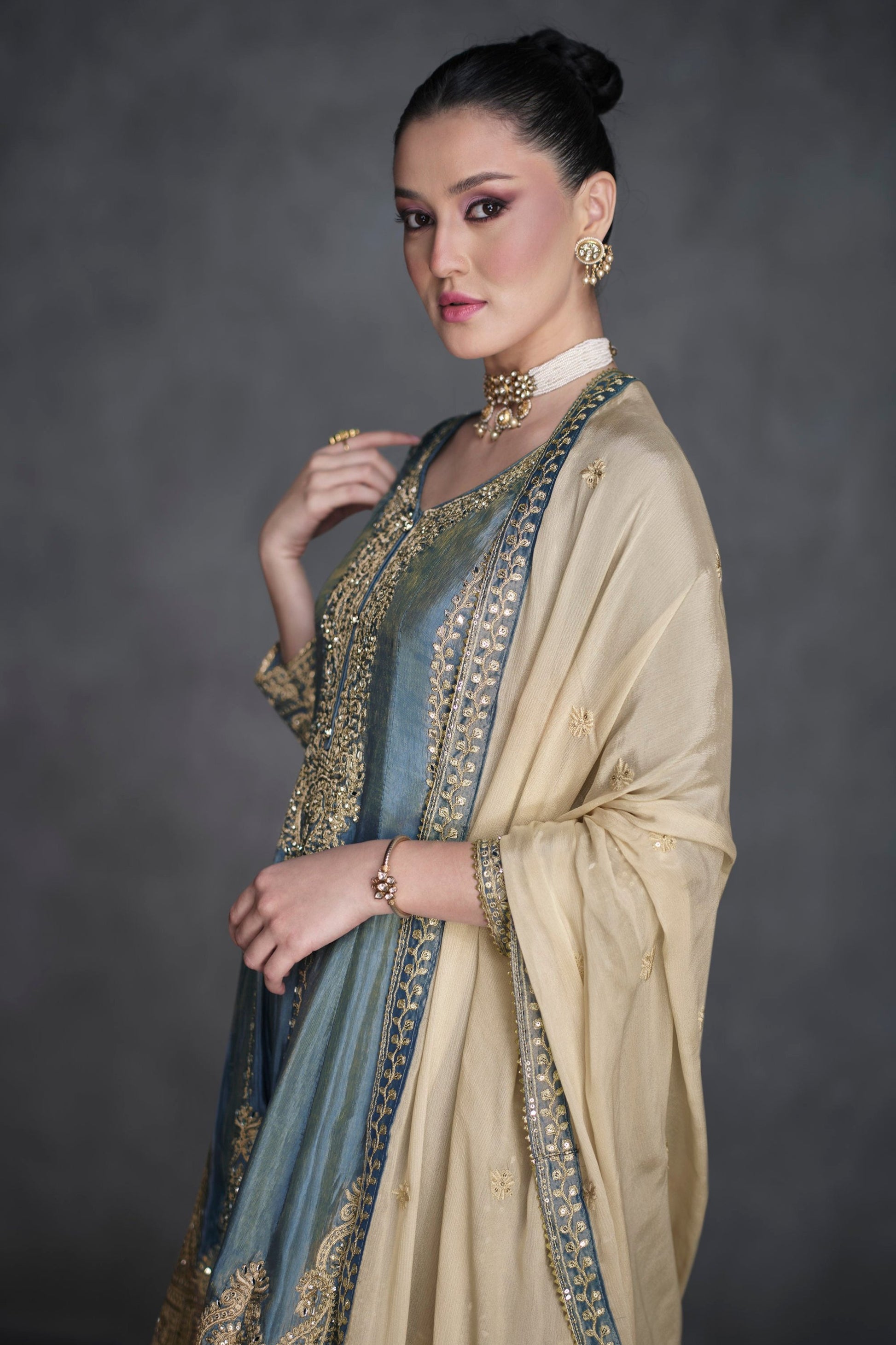 Grey Indian Party Outfit With Embroidery & Organza Silk Salwar Kameez