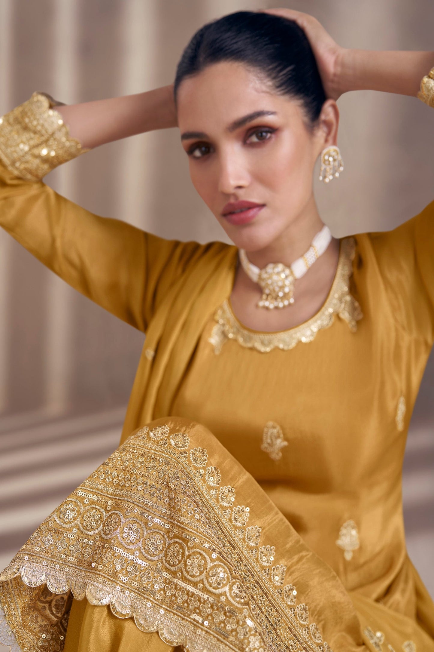 Mustard Yellow Embroidered Sharara For Haldi Function - Indian Wedding Outfit USA