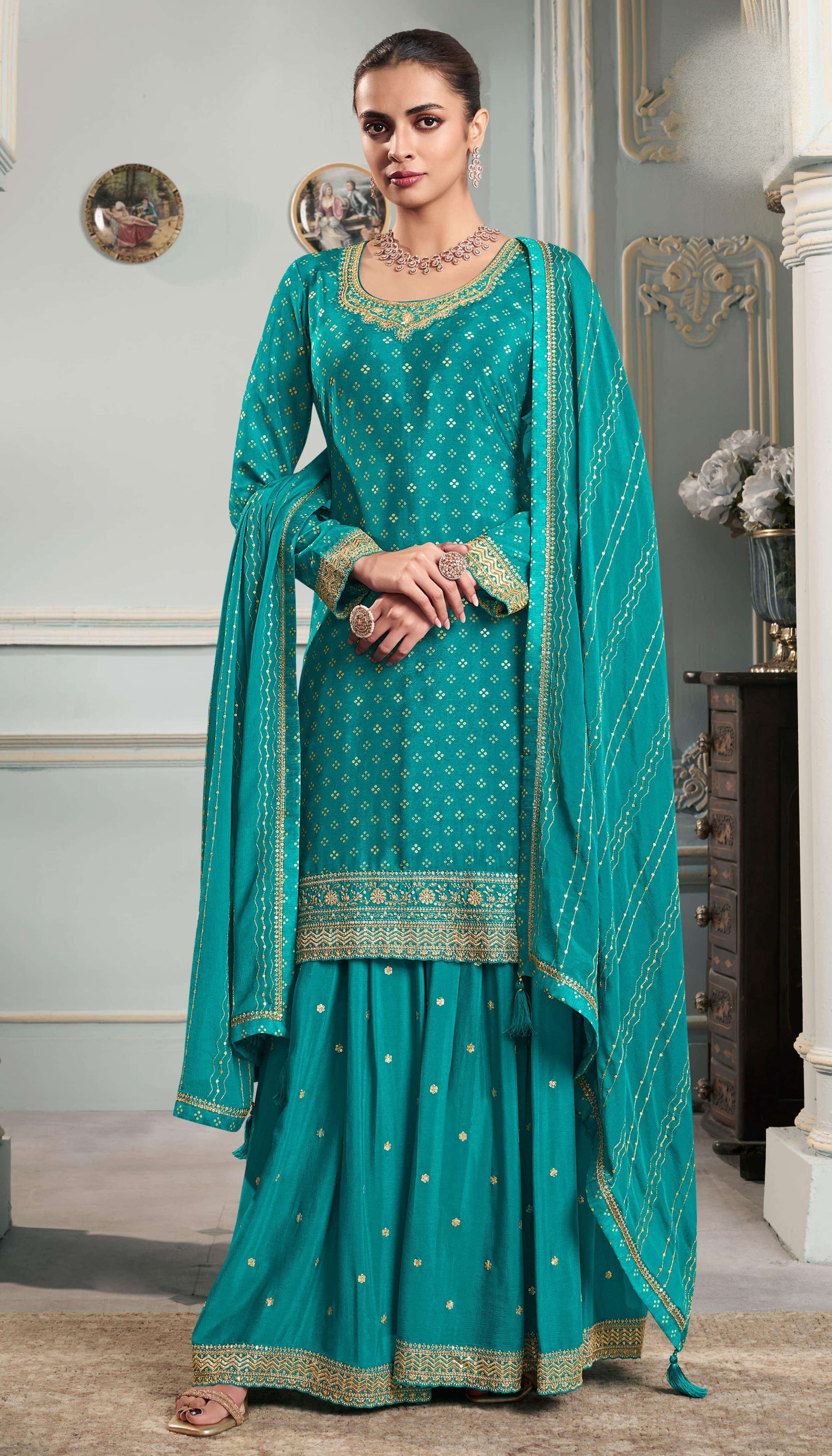 Traditional Teal Wedding Sharara Suit Ready To Wear Plus Size USA Canada
