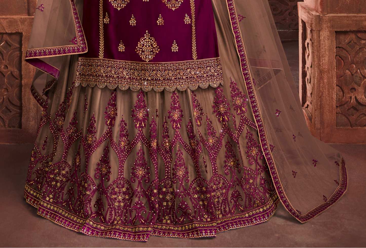 Wine Bridal Lehenga Suit With Silk Net Dupatta - Full Outfit Display