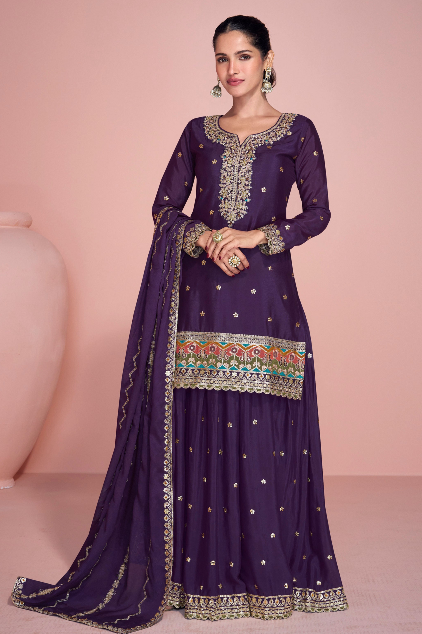 Wine Designer Chinon Silk Sharara Suit Heavy Embroidery Work With Dupatta Pakistani Party Wear USA Women