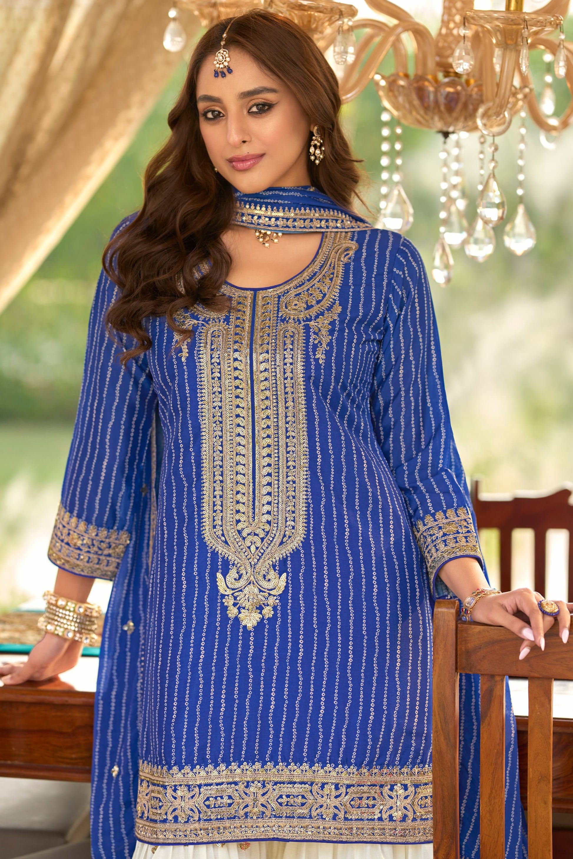 Attractive Blue Sharara Suit Digital Printed Chinon Silk Stylish Dupatta Traditional Function Wear USA Plus Size Women