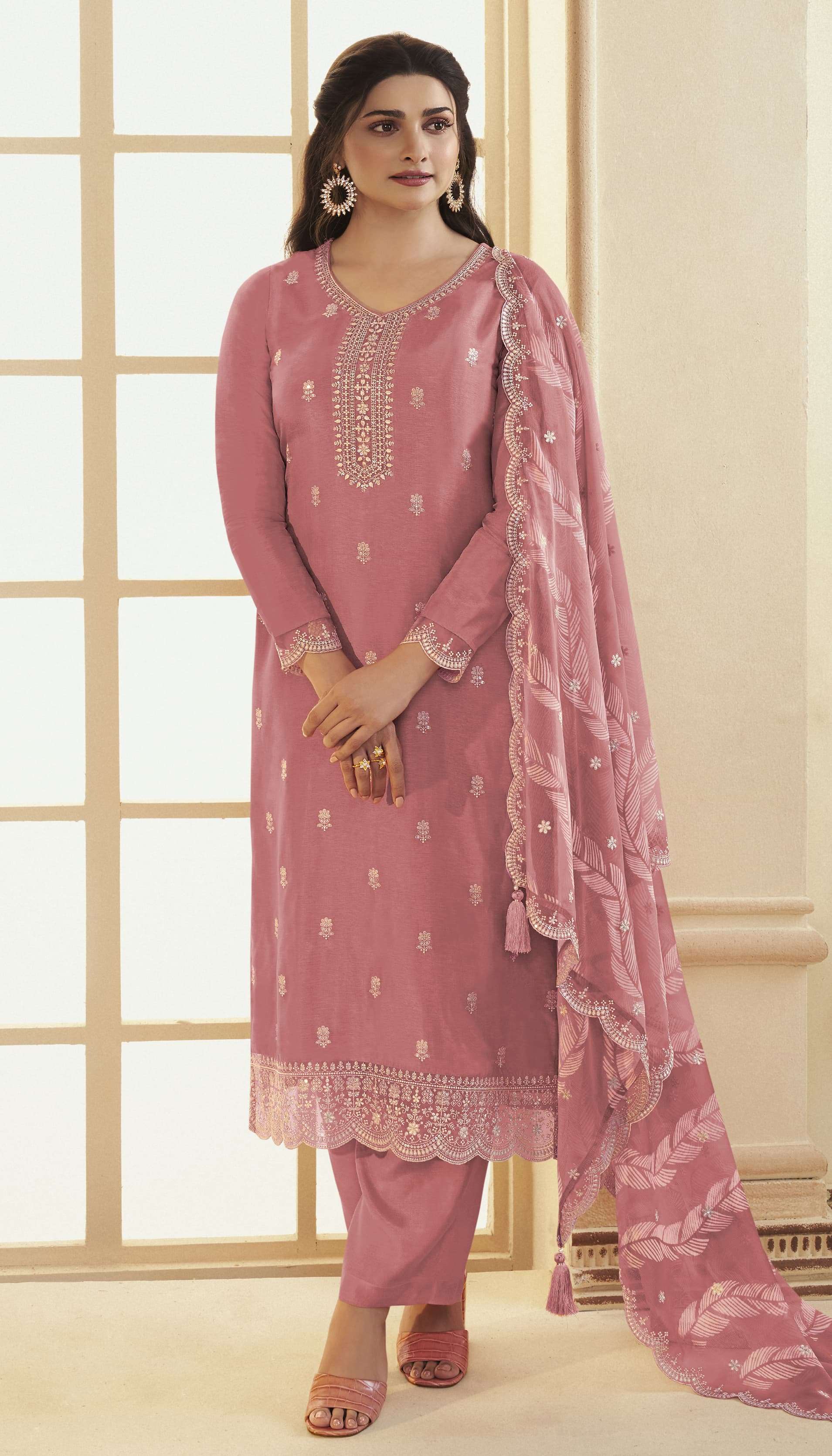 Peach Embroidered Salwar Kameez in Dola Silk Blend Fabric Perfect For Weddings and Festivals