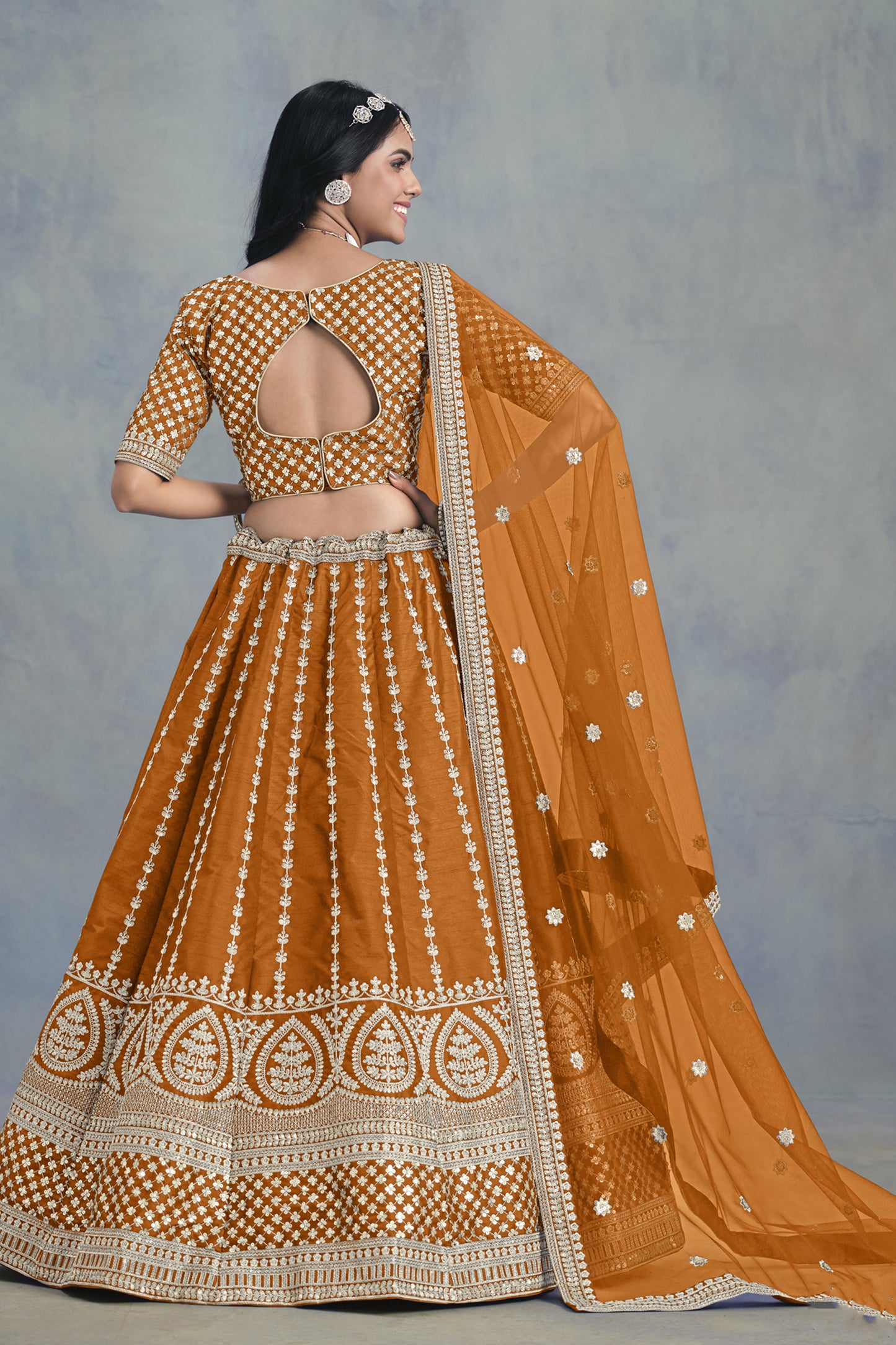 Premium Mustard Designer Art Silk Net Fabric Embroidered Lehenga Choli
