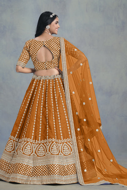 Premium Mustard Designer Art Silk Net Fabric Embroidered Lehenga Choli
