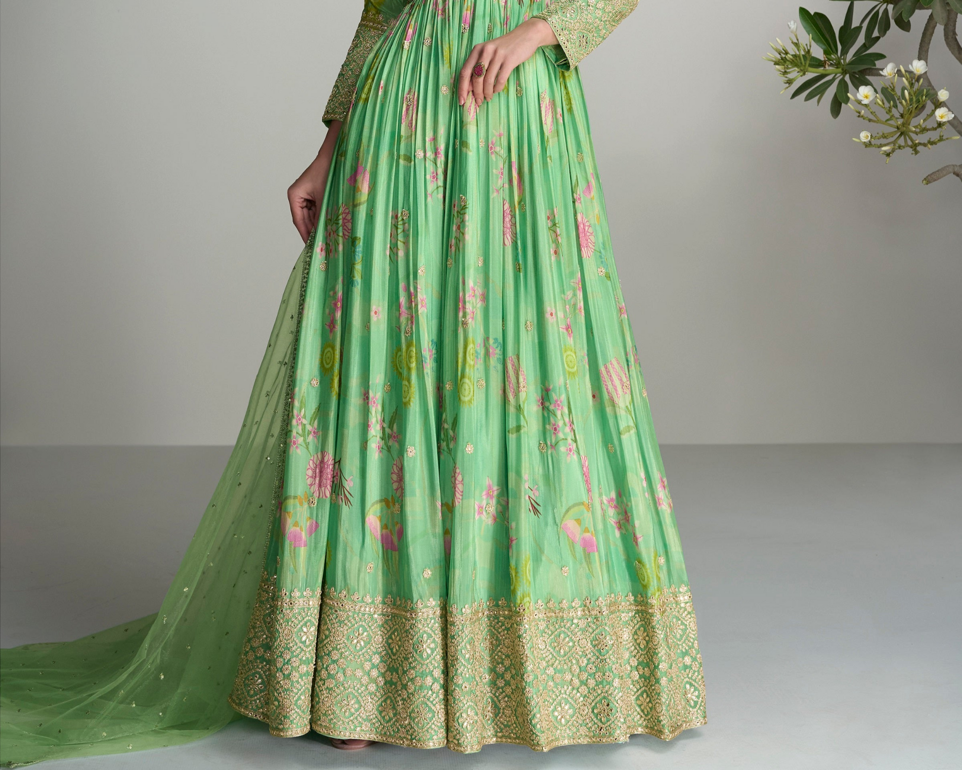 Reception Wear Stitched Long Chinon Silk Anarkali Dupatta Gown Suits 