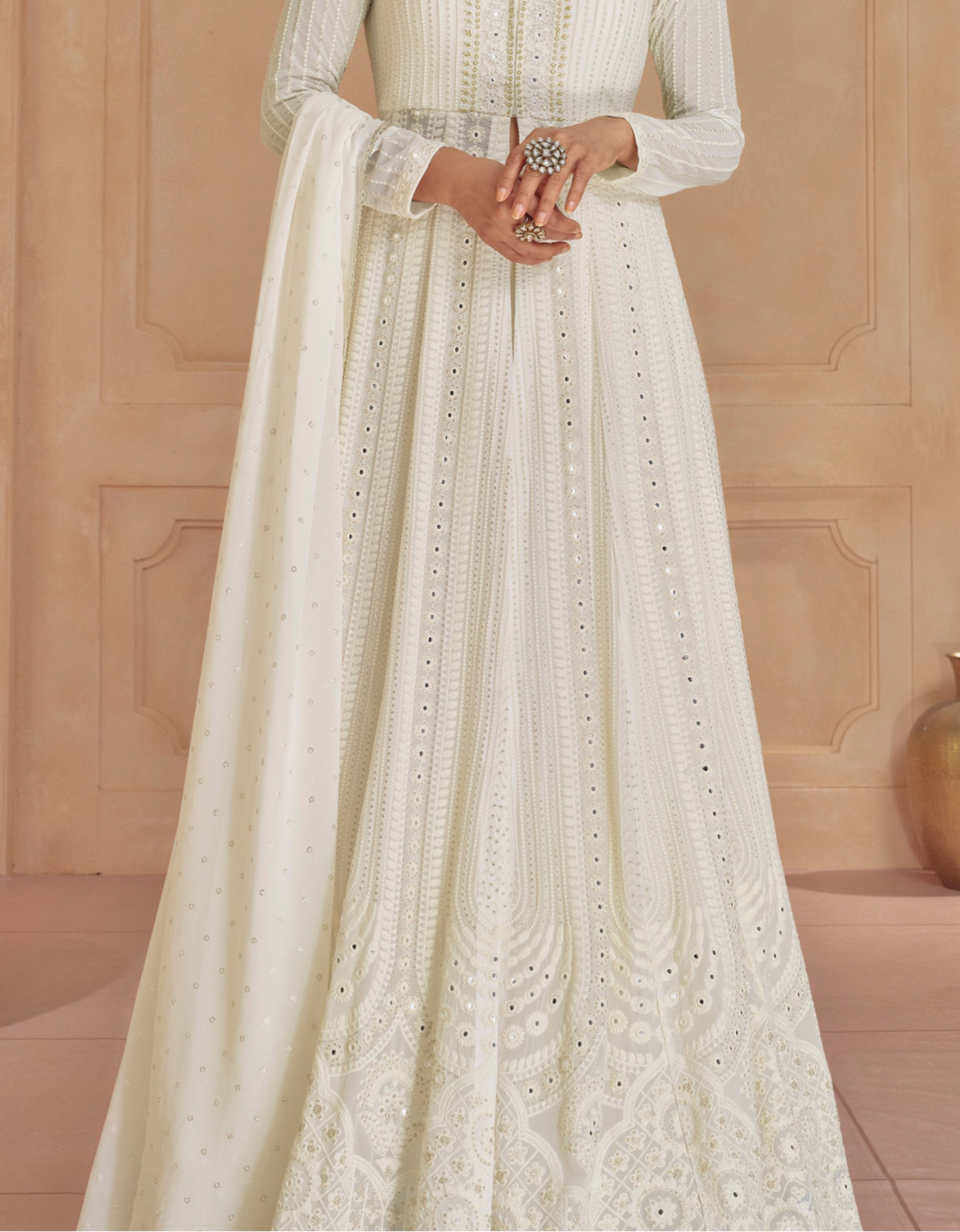 White Real Georgette Anarkali Plazzo Dress For Eid Special Gown Suits 